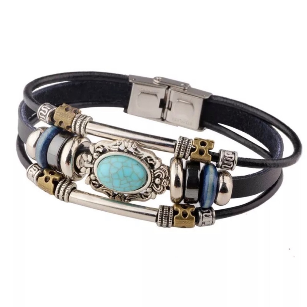 Turquoise Leather Punk Bracelet - Picture 4 of 4